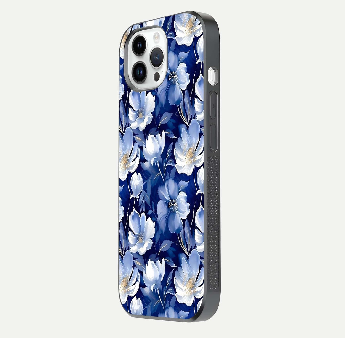 Cute Floral Patterns Glass Case for iPhone 14 Pro side-angle image showing polished surface and gloss tone