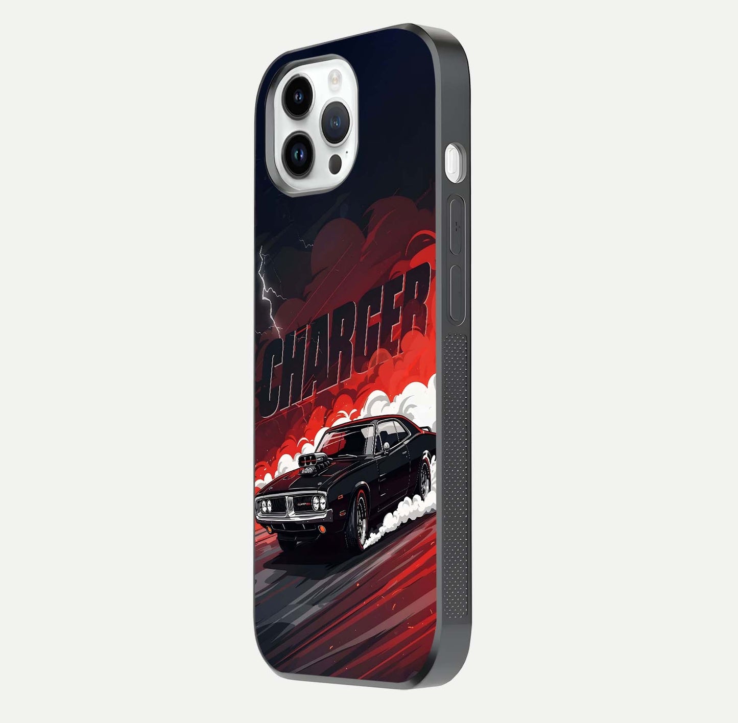 Dark Charger Fury Glass Case for iPhone 14 Pro side-angle image showing edge gloss and bold tone