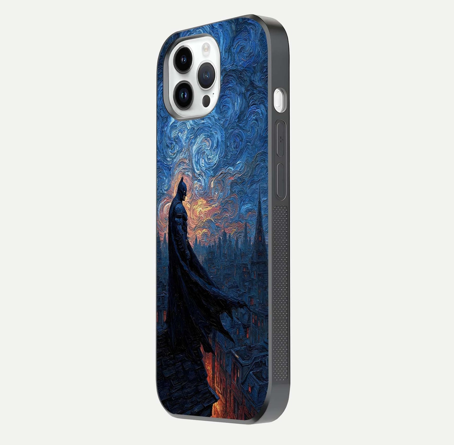 Dark Knight Dusk Glass Case for iPhone 14 Pro side-angle image capturing reflection shine and bold contrast