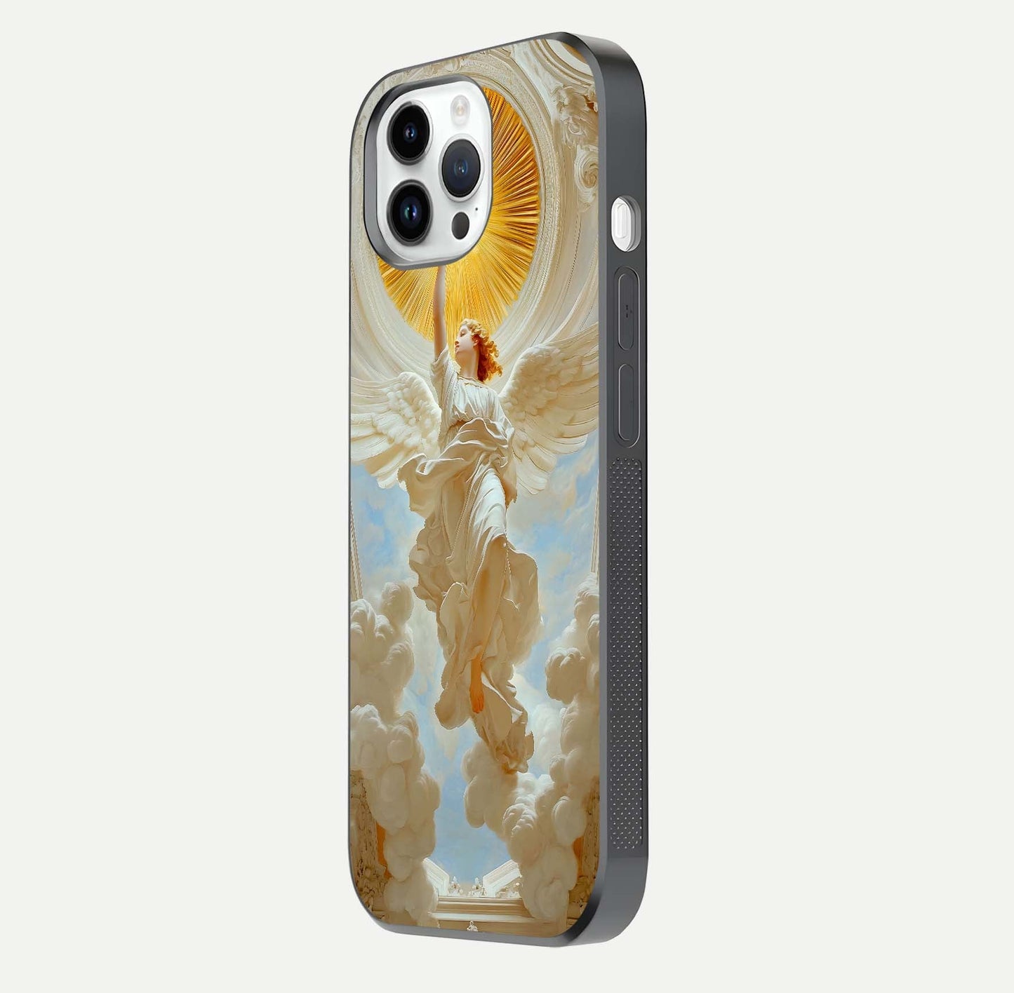 Divine Light Angel Glass Case for iPhone 14 Pro side-angle image capturing reflection shine and edge finish