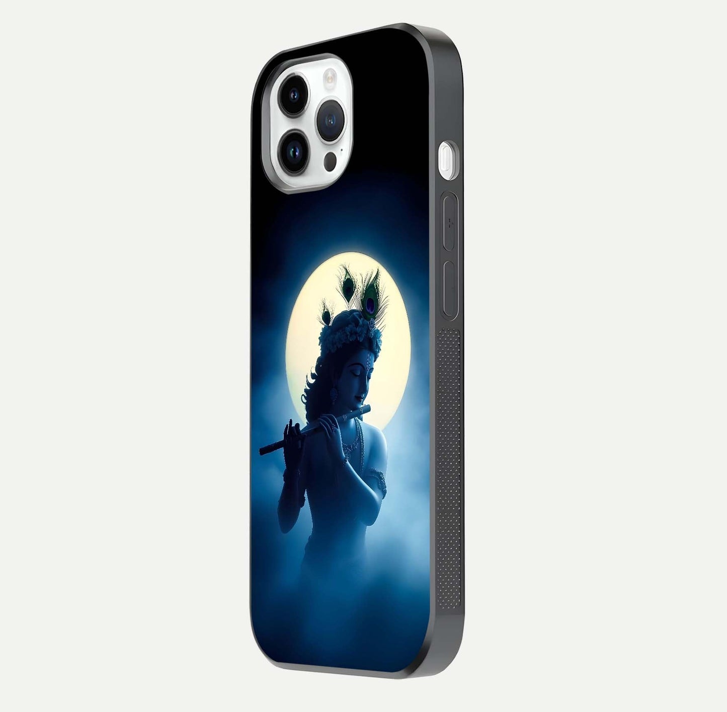 Divine Moon Flute Glass Case for iPhone 14 Pro side-angle image capturing reflection depth and soft color
