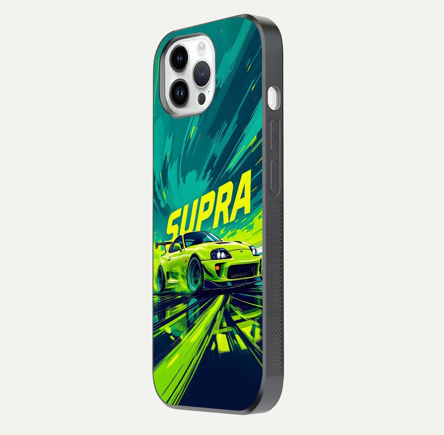 Electric Supra Thunder Glass Case for iPhone 14 Pro side-angle photo showing sleek car outline and reflective shine