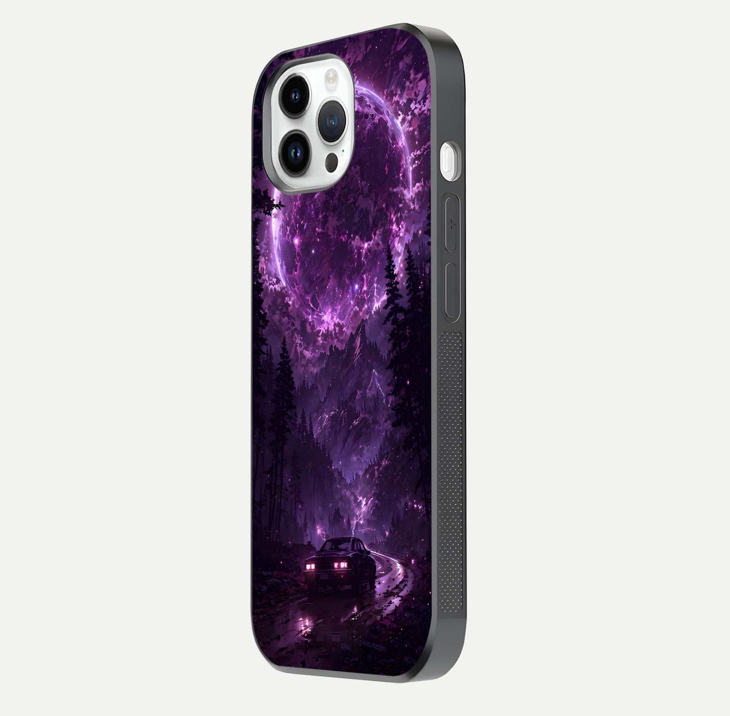 Eternal Cosmic Drive Glass Case for iPhone 14 Pro side-angle image showing reflection texture and color contrast