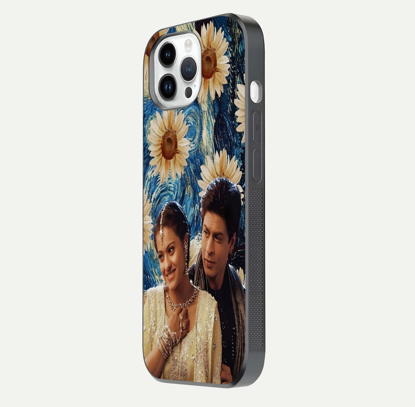 Eternal Love Story Glass Case for iPhone 14 Pro side-angle photo showing curved edges and polished surface