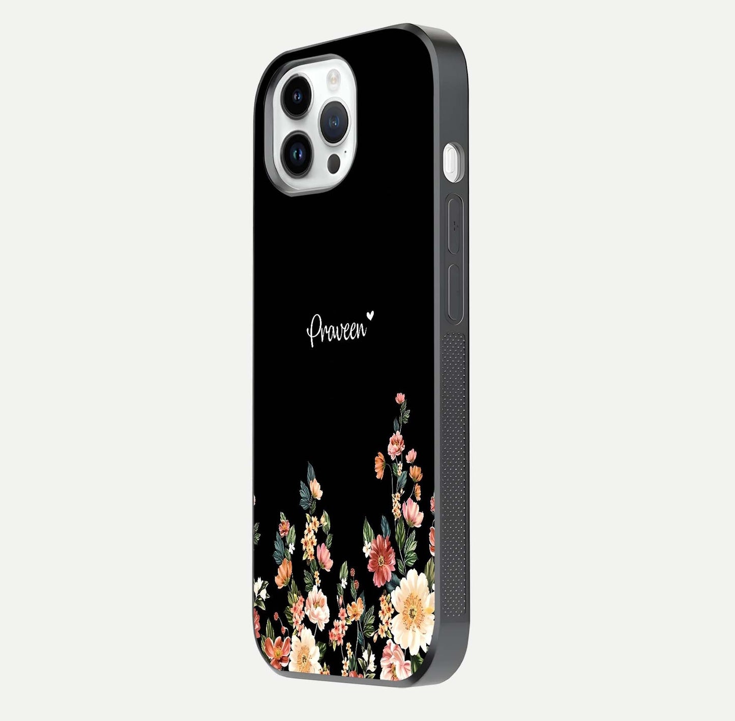 Floral Design Personalized Custom Name Glass Case for iPhone 14 Pro side-angle image showing name alignment and gloss shine