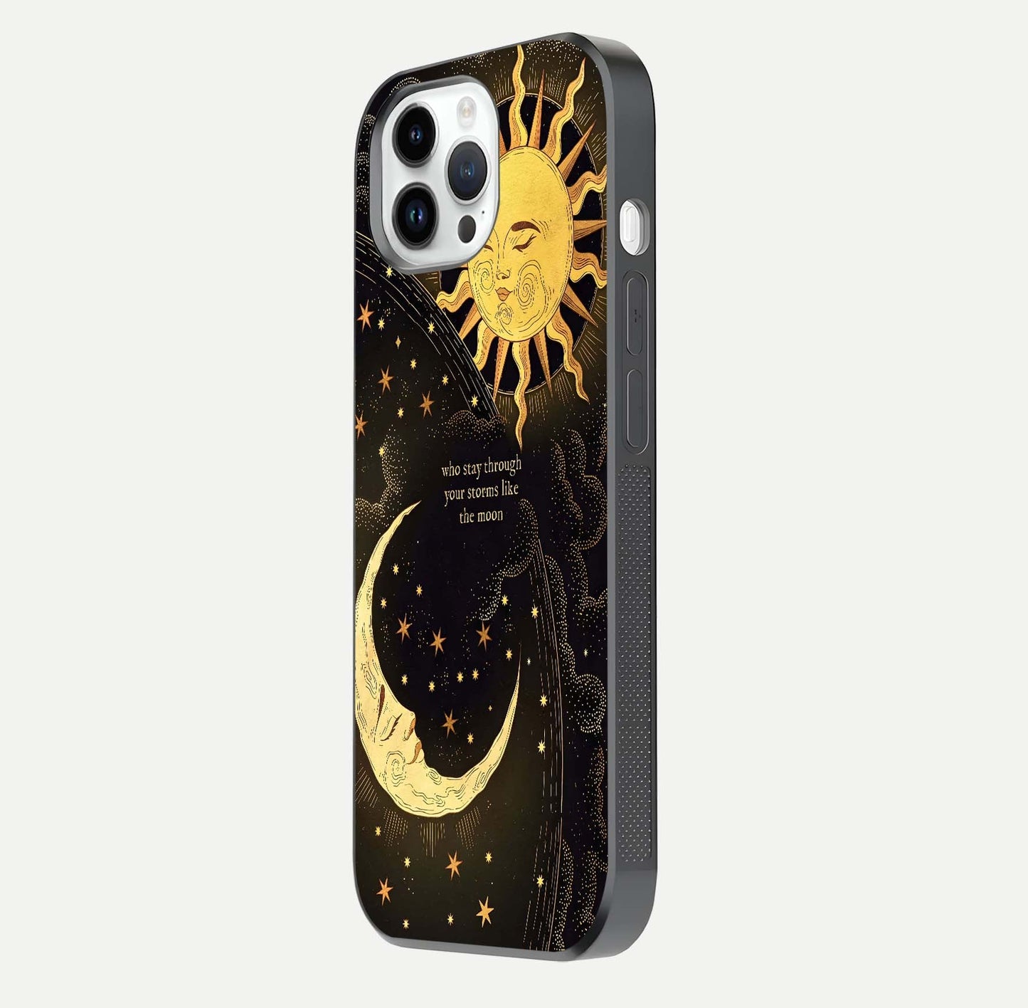 Golden Lunar Love Glass Case for iPhone 14 Pro side-angle image showing reflection brilliance and smooth golden tone