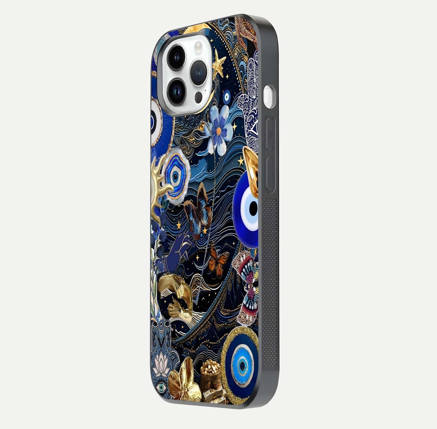 Golden Moon Magic Glass Case for iPhone 14 Pro side-angle image showing reflection glow, curved polish, and moon detail