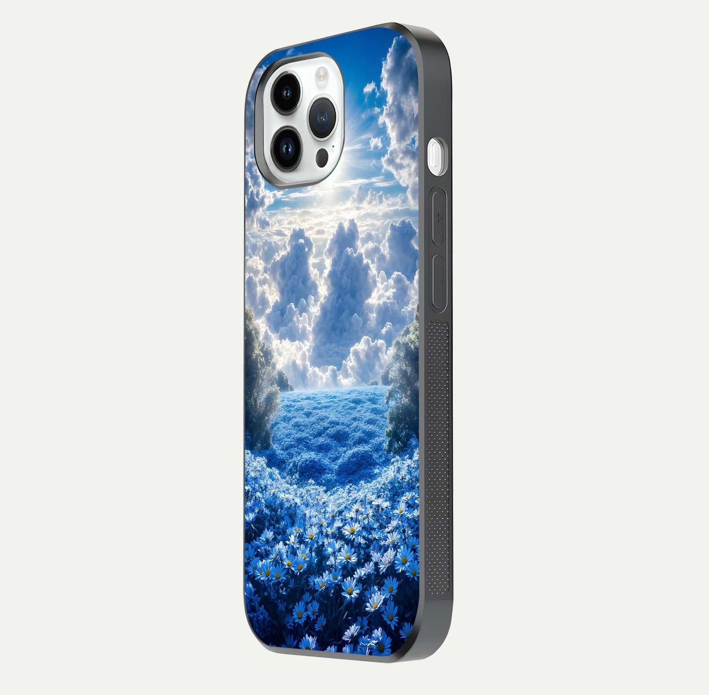 Heavenly Daisy Horizon Glass Case for iPhone 14 Pro side-angle image showing reflection depth and floral glow