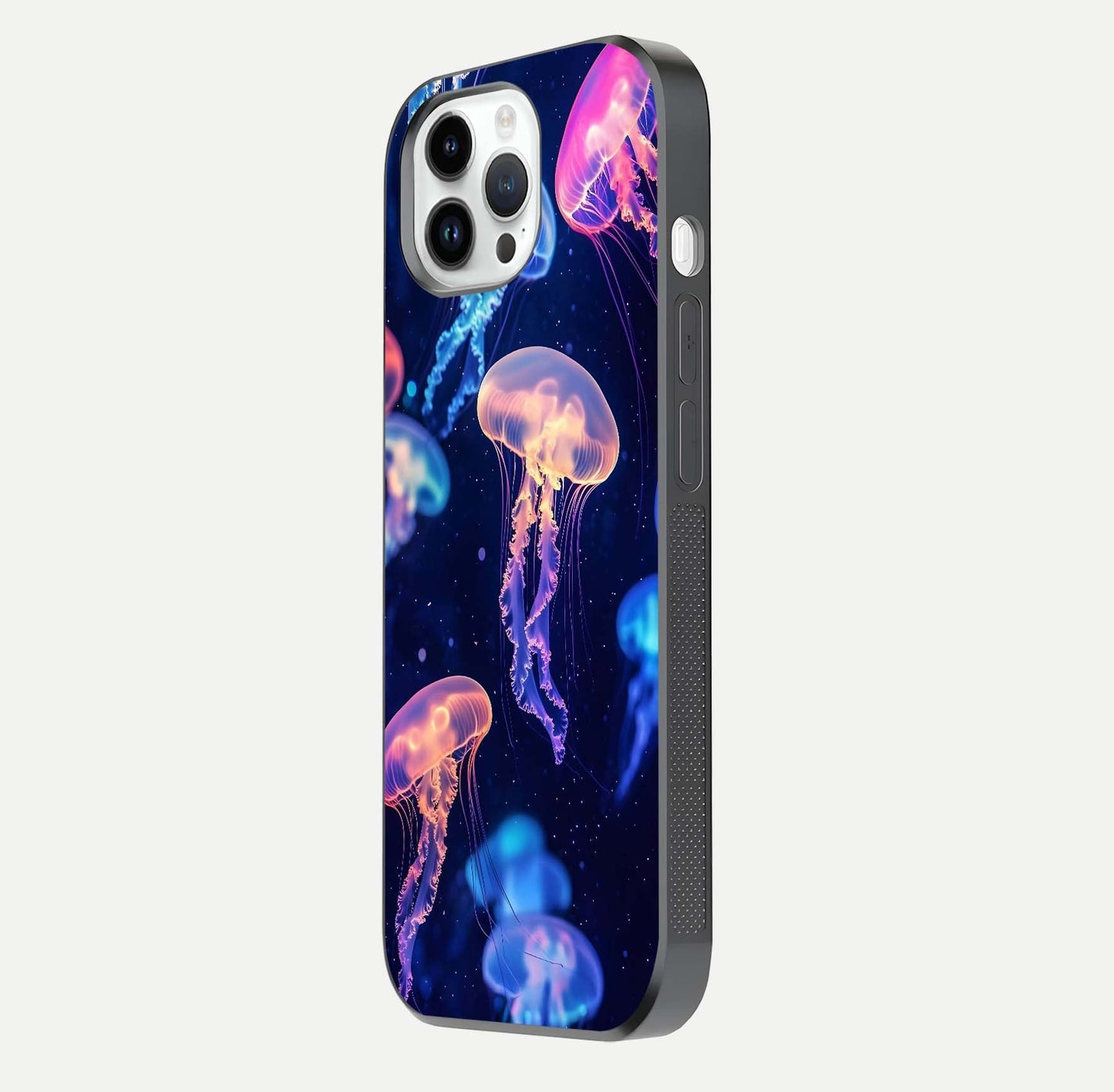 Jellyfish Pattern Glass Case for iPhone 14 Pro side-angle image showing reflection glow and soft water-blue gradient
