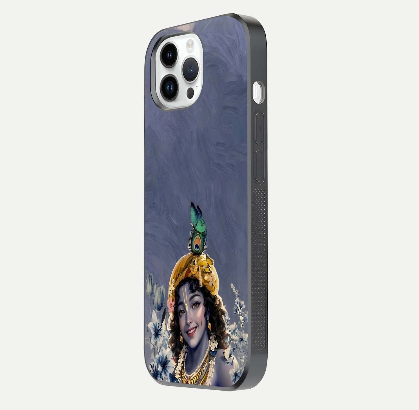 Lord Krishna Glass Case for iPhone 14 Pro side-angle image emphasizing premium reflection and sacred motif