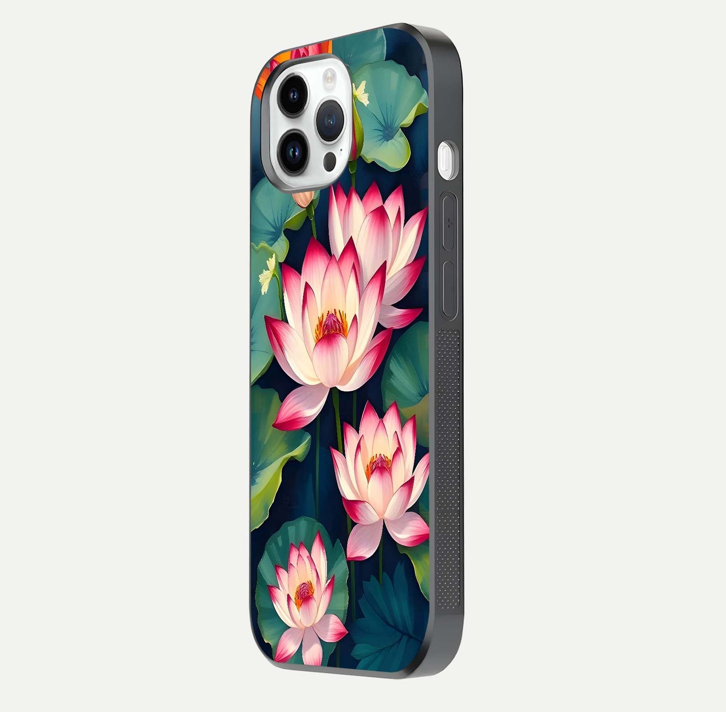 Lotus Dream Serenity Glass Case for iPhone 14 Pro side-angle image revealing reflection clarity and calm tones