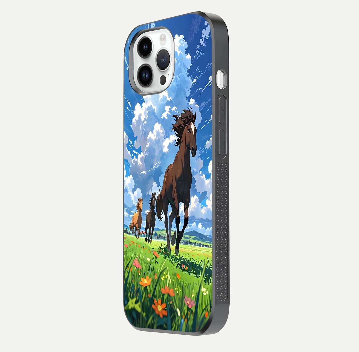 Majestic Horses Galloping Glass Case for iPhone 14 Pro side-angle shot emphasizing reflection and running artwork