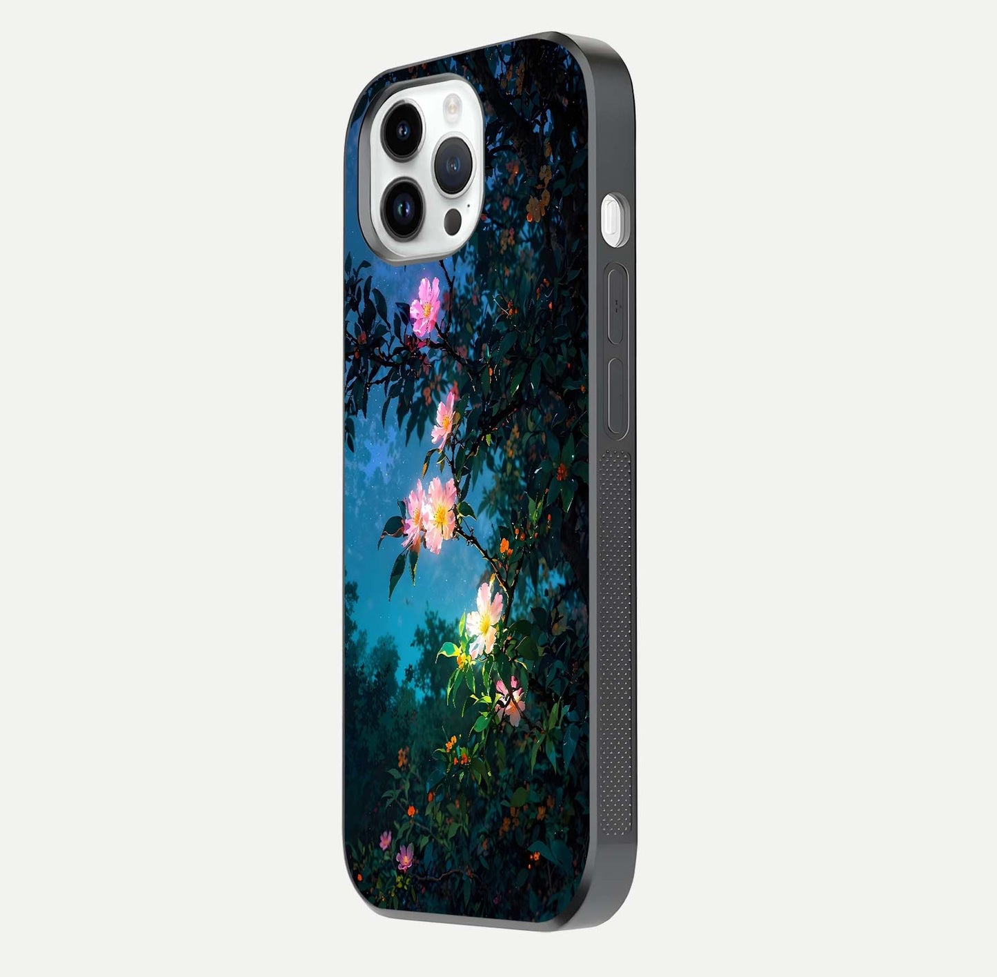 Midnight Bloom Glow Glass Case for iPhone 14 Pro side-angle image revealing reflection and deep midnight hues
