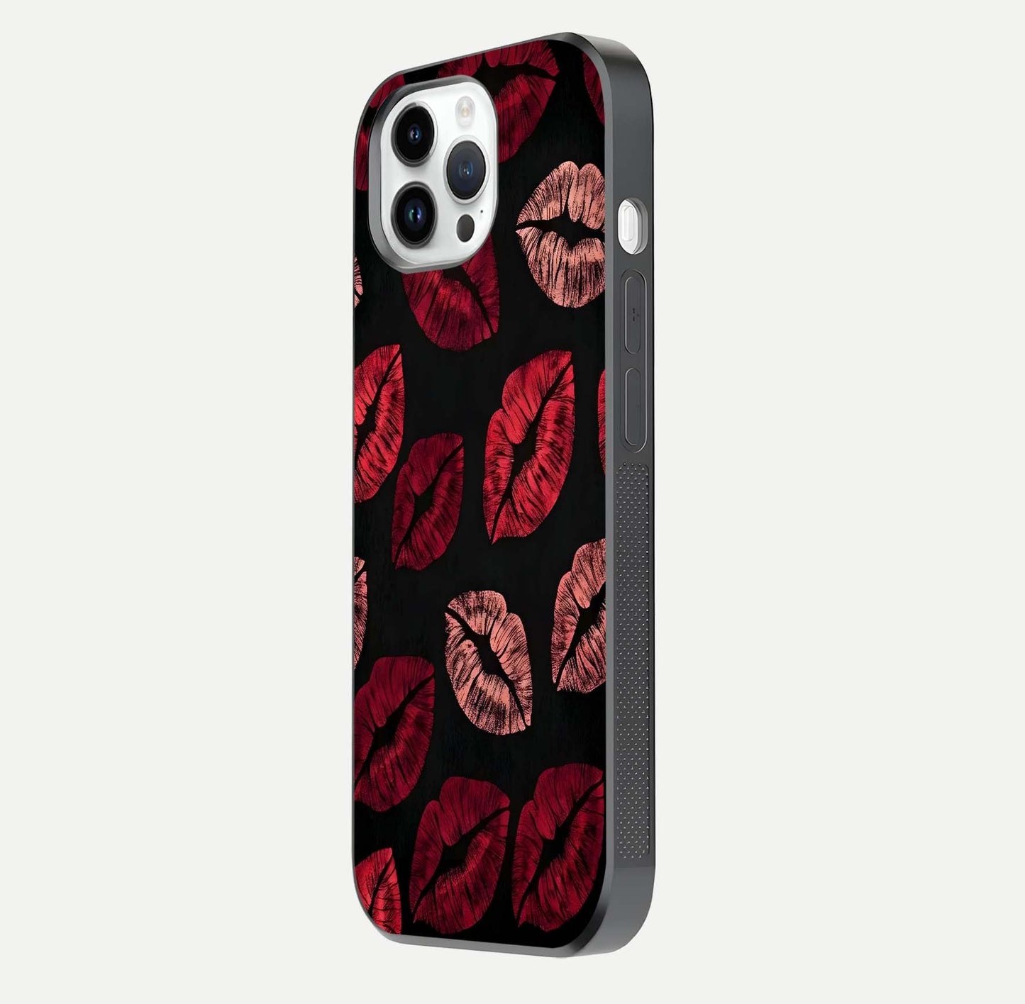 Midnight Kiss Love Glass Case for iPhone 14 Pro side-angle image revealing gloss texture and deep love motif