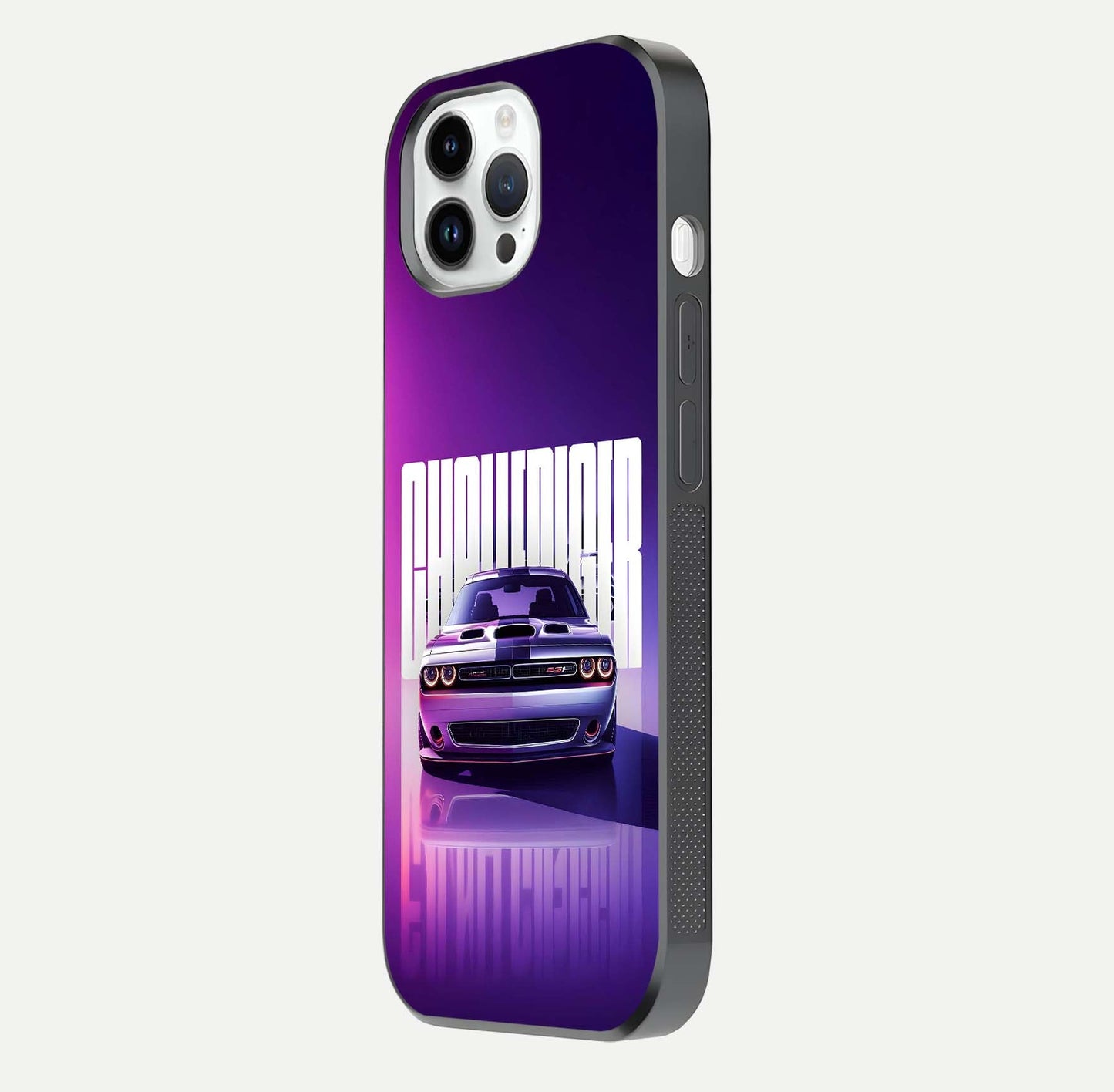 Midnight Muscle Ride Glass Case for iPhone 14 Pro side-angle image showing reflection clarity and bold design