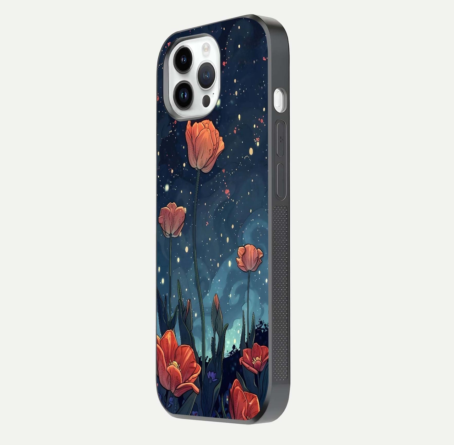 Midnight Tulip Glow Glass Case for iPhone 14 Pro side-angle image showing shine depth and flower artwork