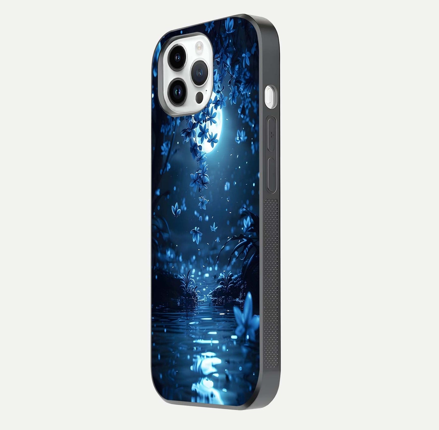Moonlight Petal Dream Glass Case for iPhone 14 Pro side-angle image showing reflection and petal detail