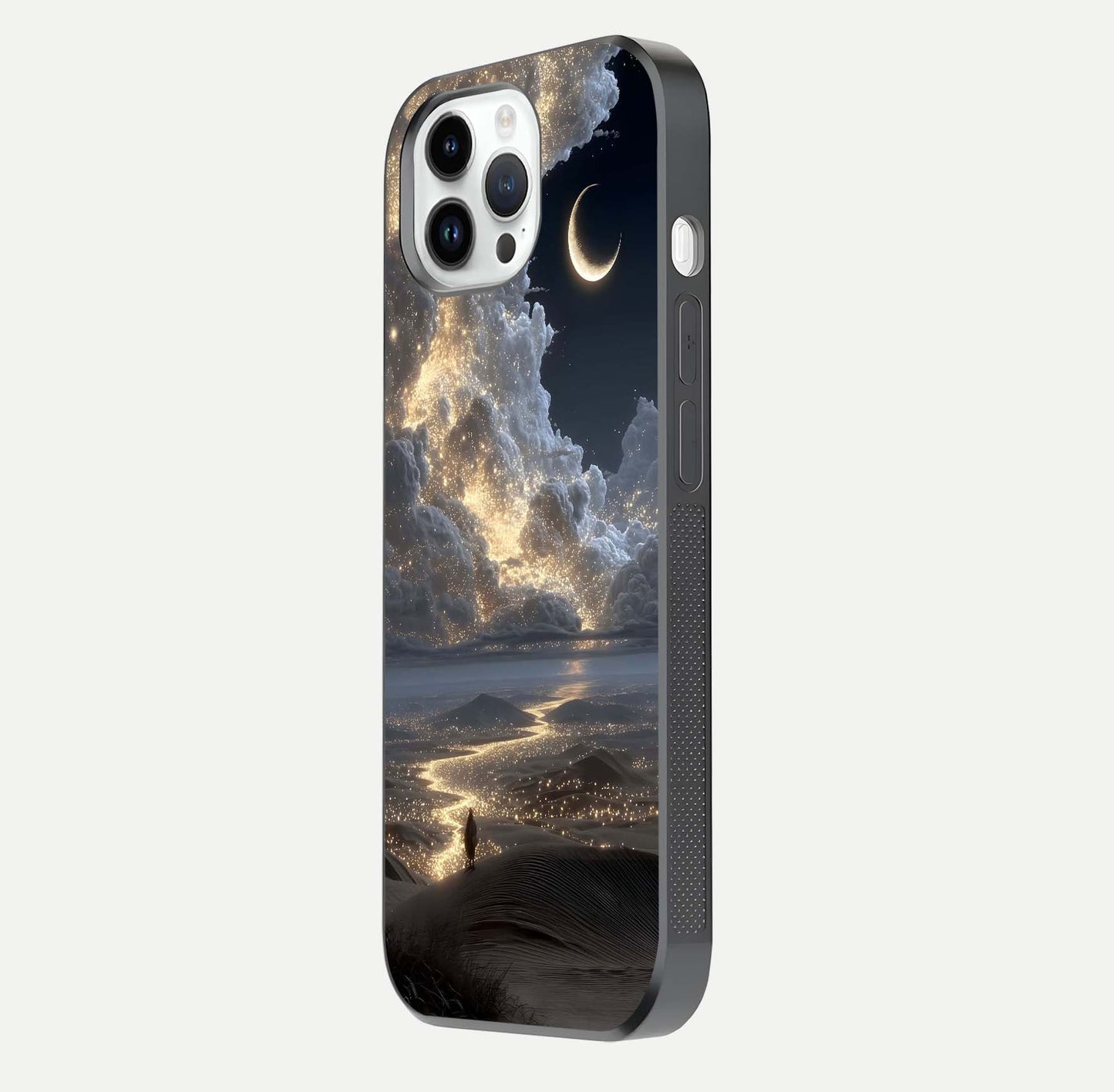 Moonlight Spark Path Glass Case for iPhone 14 Pro side-angle image showing reflection and moonlit detail