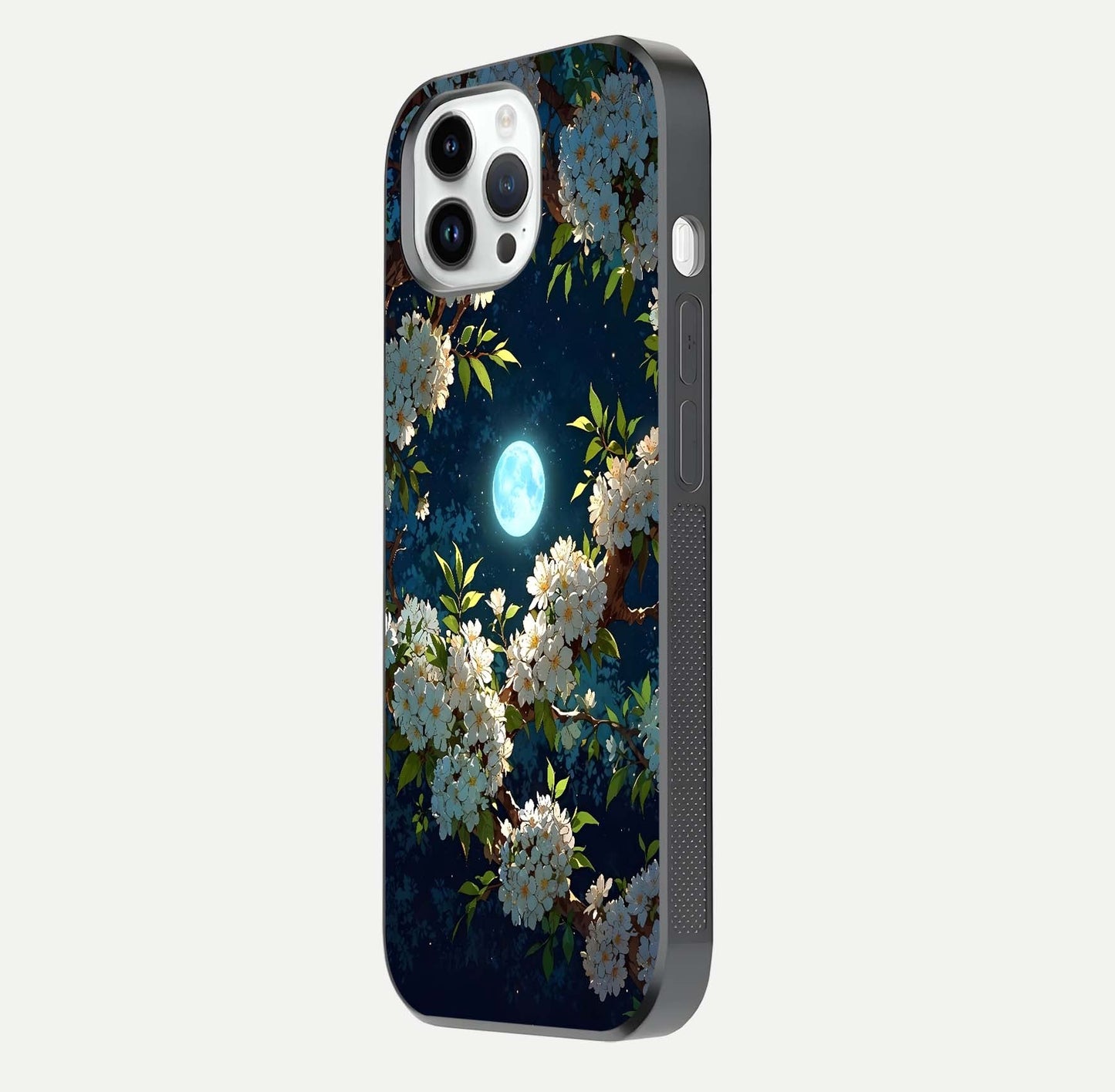 Moonlit Blossom Dream Glass Case for iPhone 14 Pro side-angle image showing shine depth and flower glow