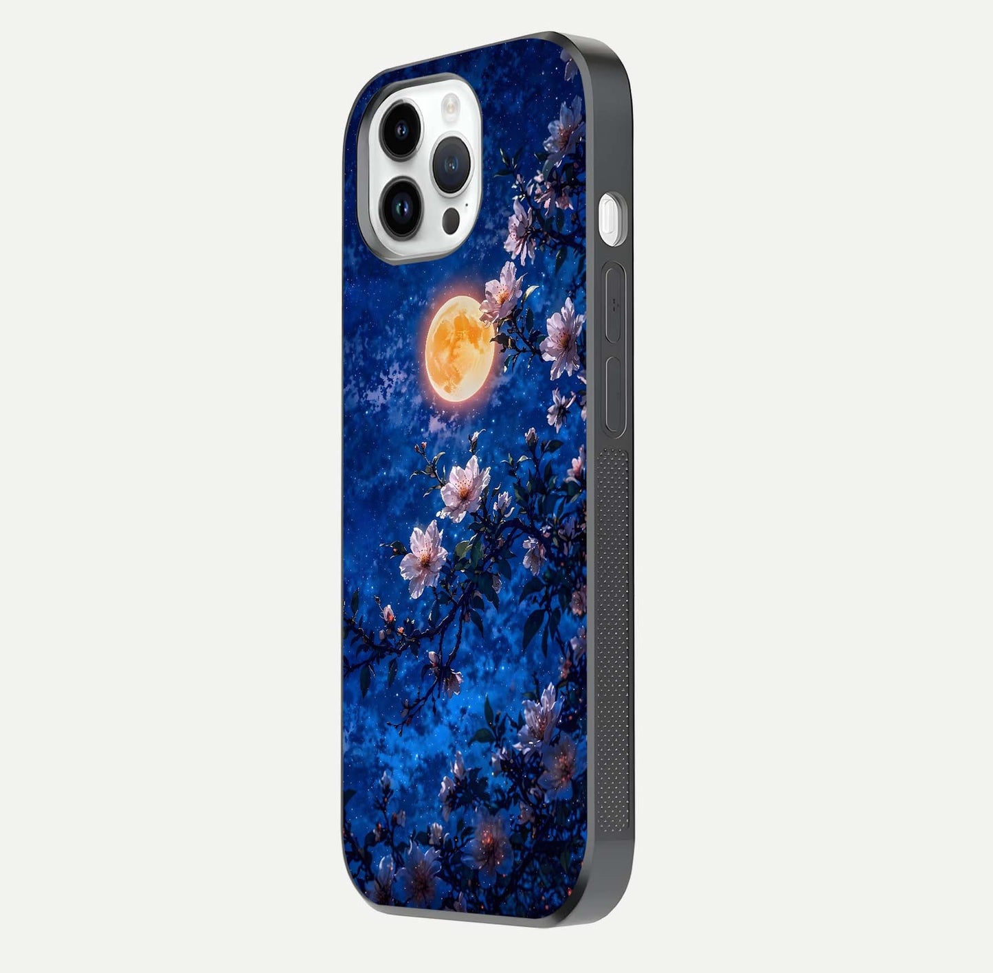 Moonlit Blossoms Night Glass Case for iPhone 14 Pro side-angle image revealing shine and night bloom texture