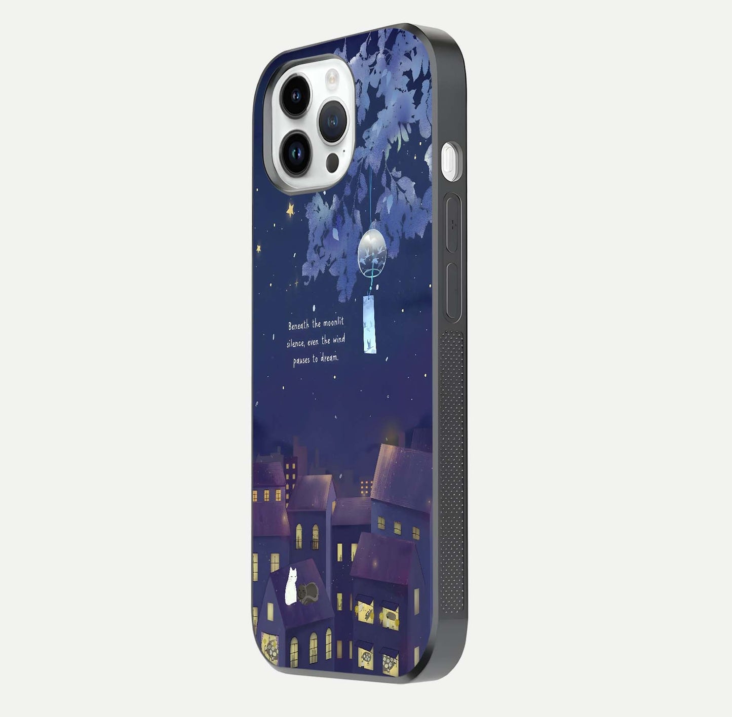 Moonlit Cat Silence Glass Case for iPhone 14 Pro side-angle image showing HD gloss and feline artwork detail
