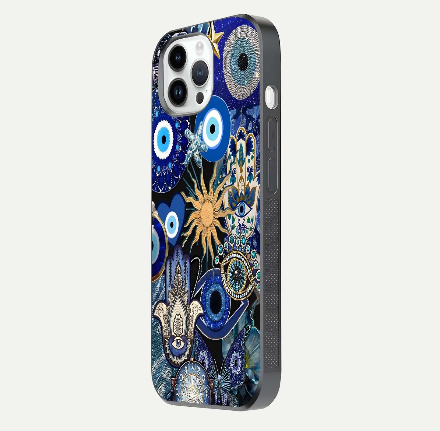 Mystic Blue Evil Eye Glass Case for iPhone 14 Pro side-angle image showing smooth gloss and charm design
