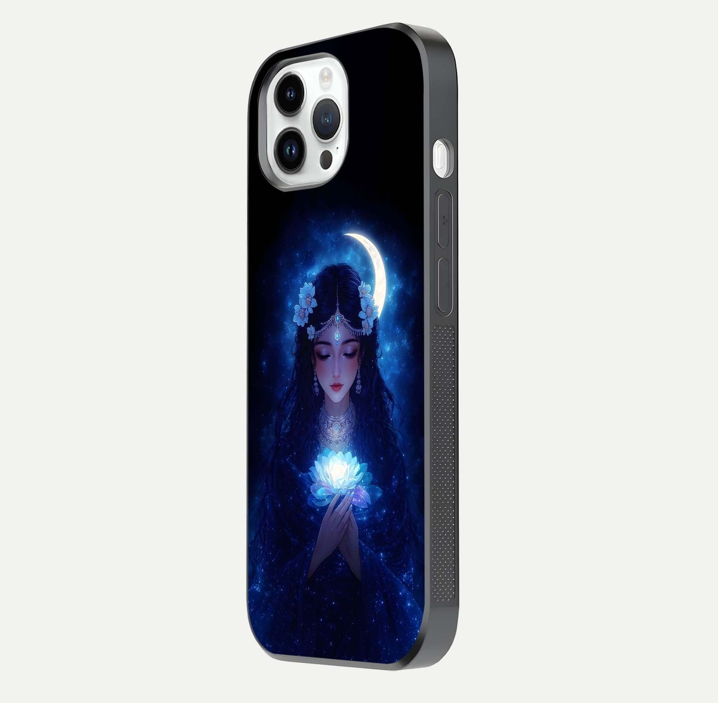 Mystic Moon Queen Glass Case for iPhone 14 Pro side-angle image showing reflection and celestial details