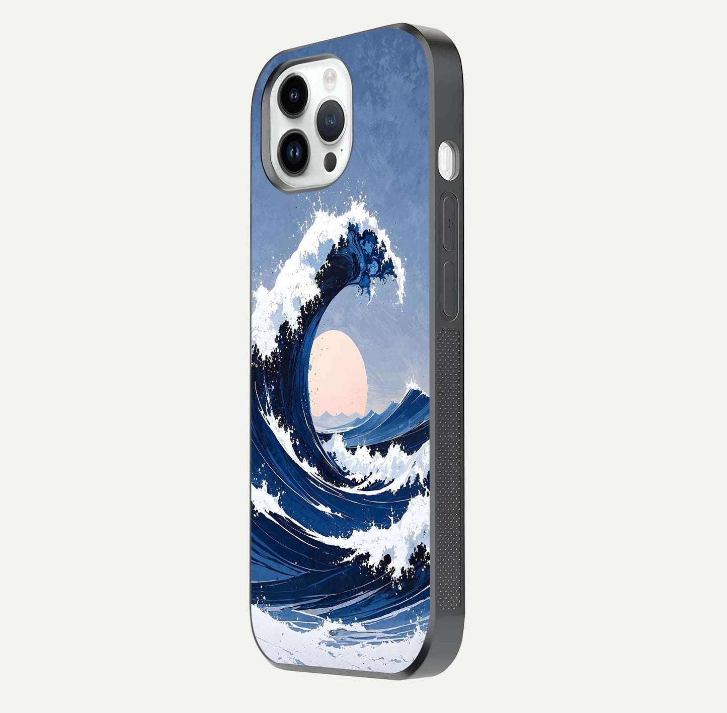 Rising Tide Power Glass Case for iPhone 14 Pro side-angle image showing shine and detailed ocean art