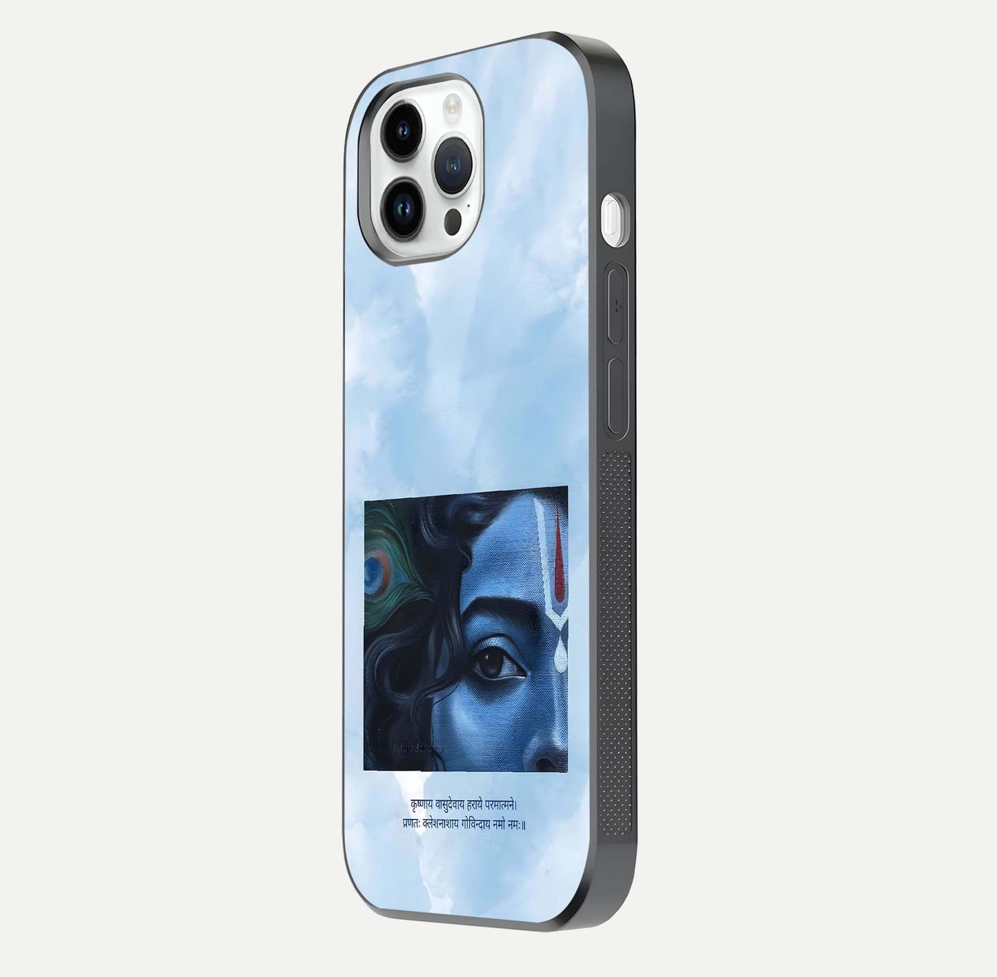 Spiritual Krishna Glass Case for iPhone 16 Pro side-angle image showing reflection and vivid artwork clarity