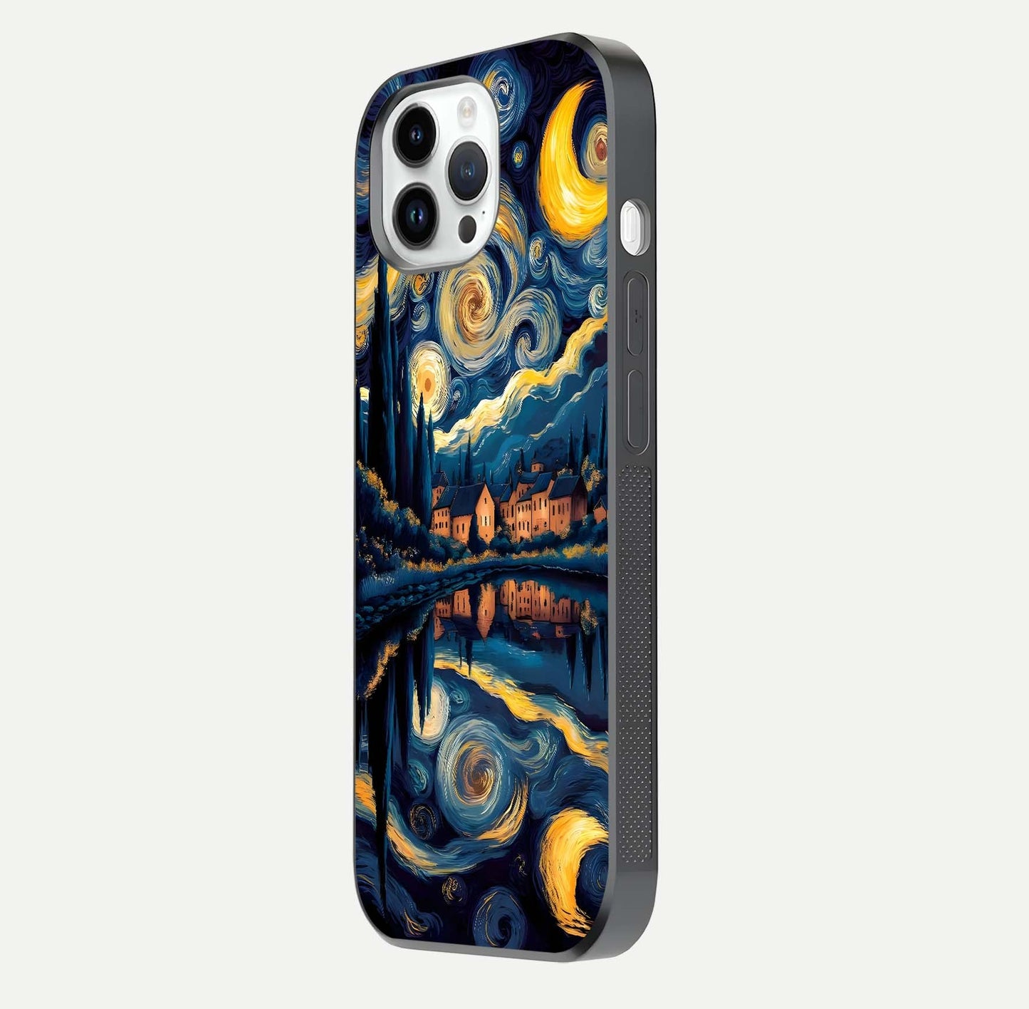 Starry Sky Serenity Glass Case for iPhone 14 Pro side-angle image showing reflection and night-sky detail