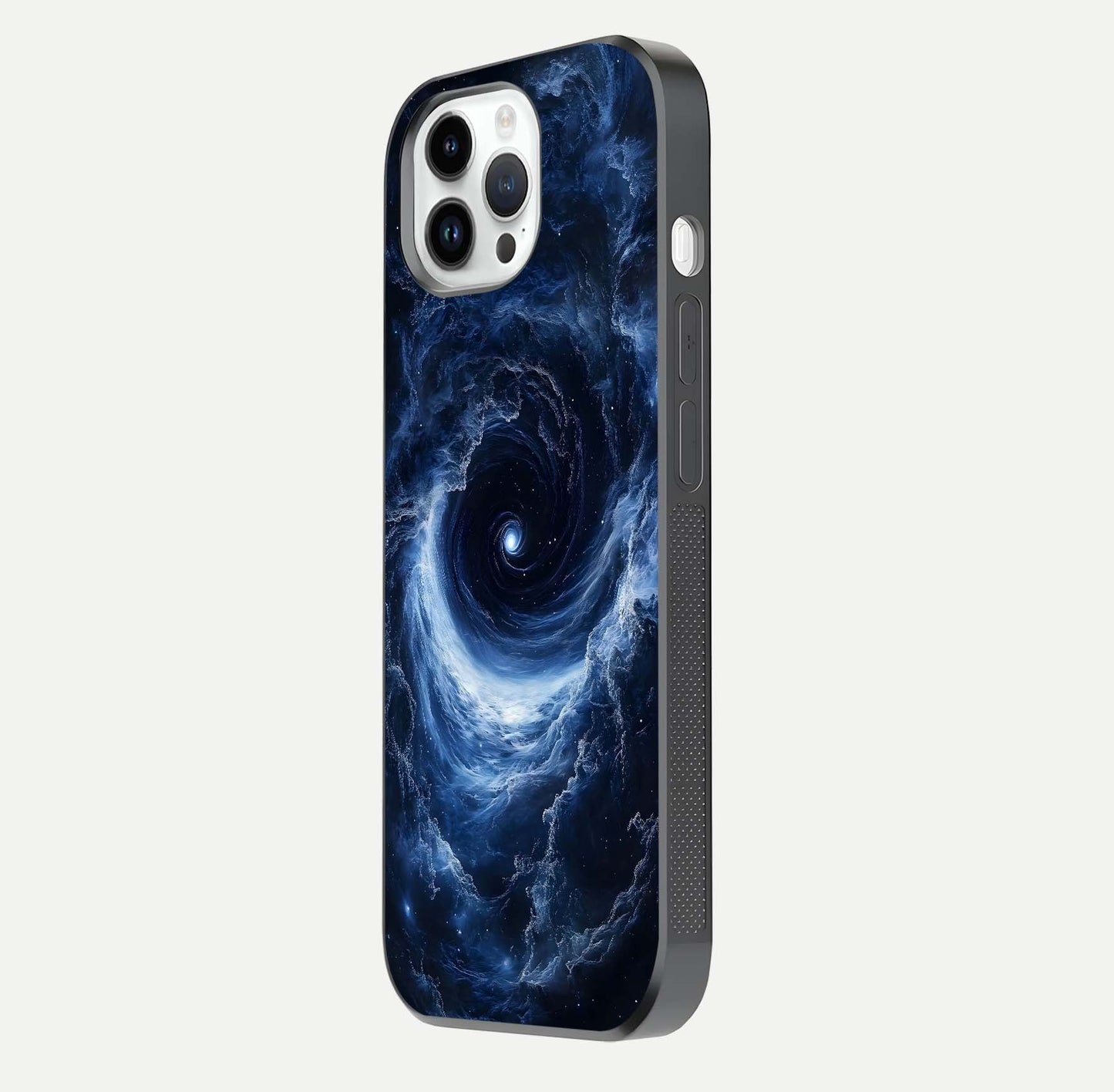 Stunning Galaxy Glass Case for iPhone 14 Pro side-angle image showing glossy reflection and space detailing
