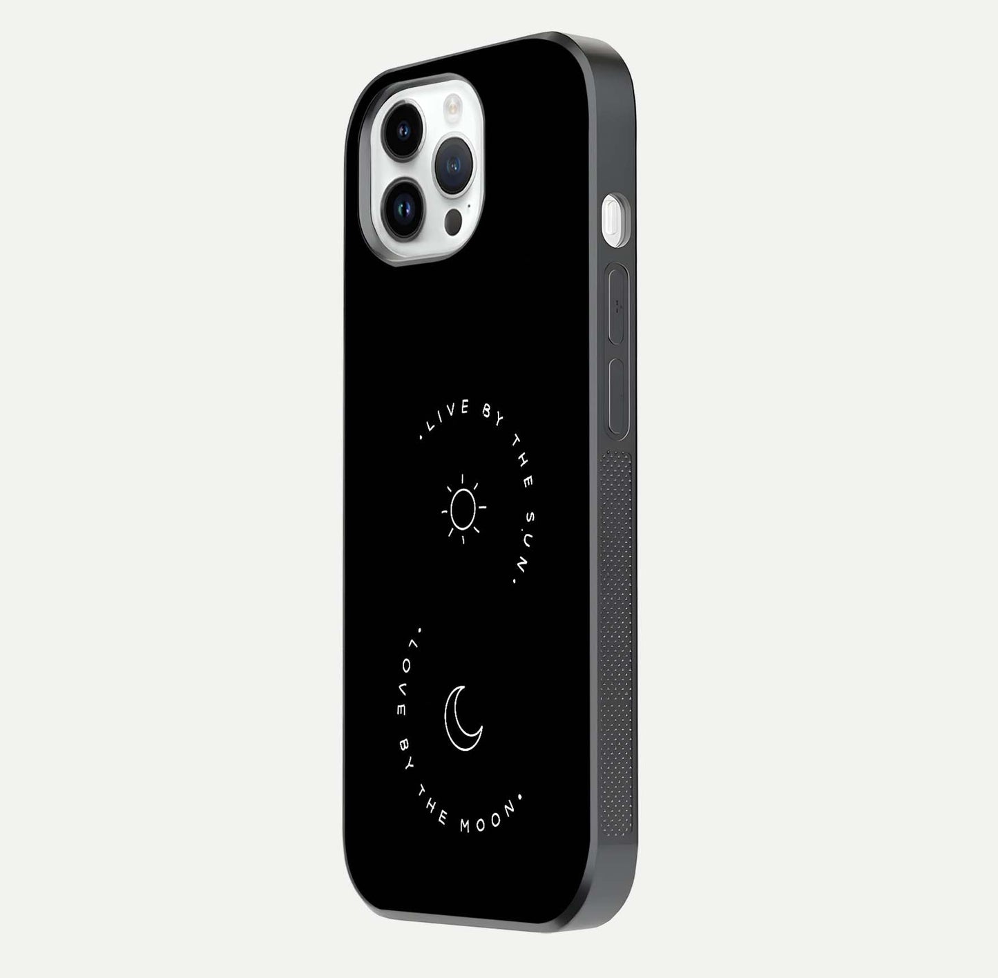 Sun Moon Balance Glass Case for iPhone 14 Pro side-angle image showing reflection and celestial detailing