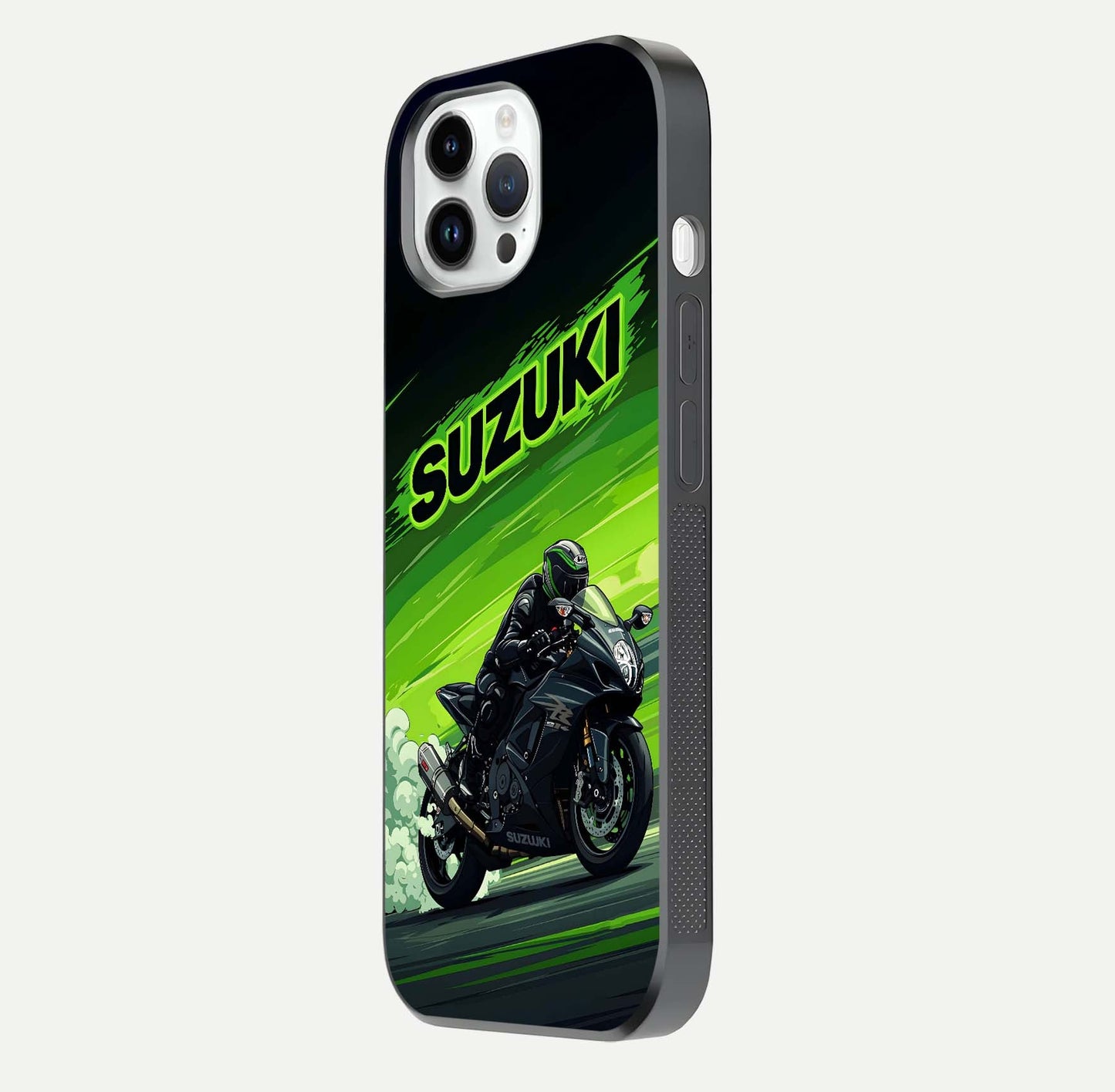 Suzuki Speed Beast Glass Case for iPhone 14 Pro side-angle image showing reflection, gloss, and car detailing