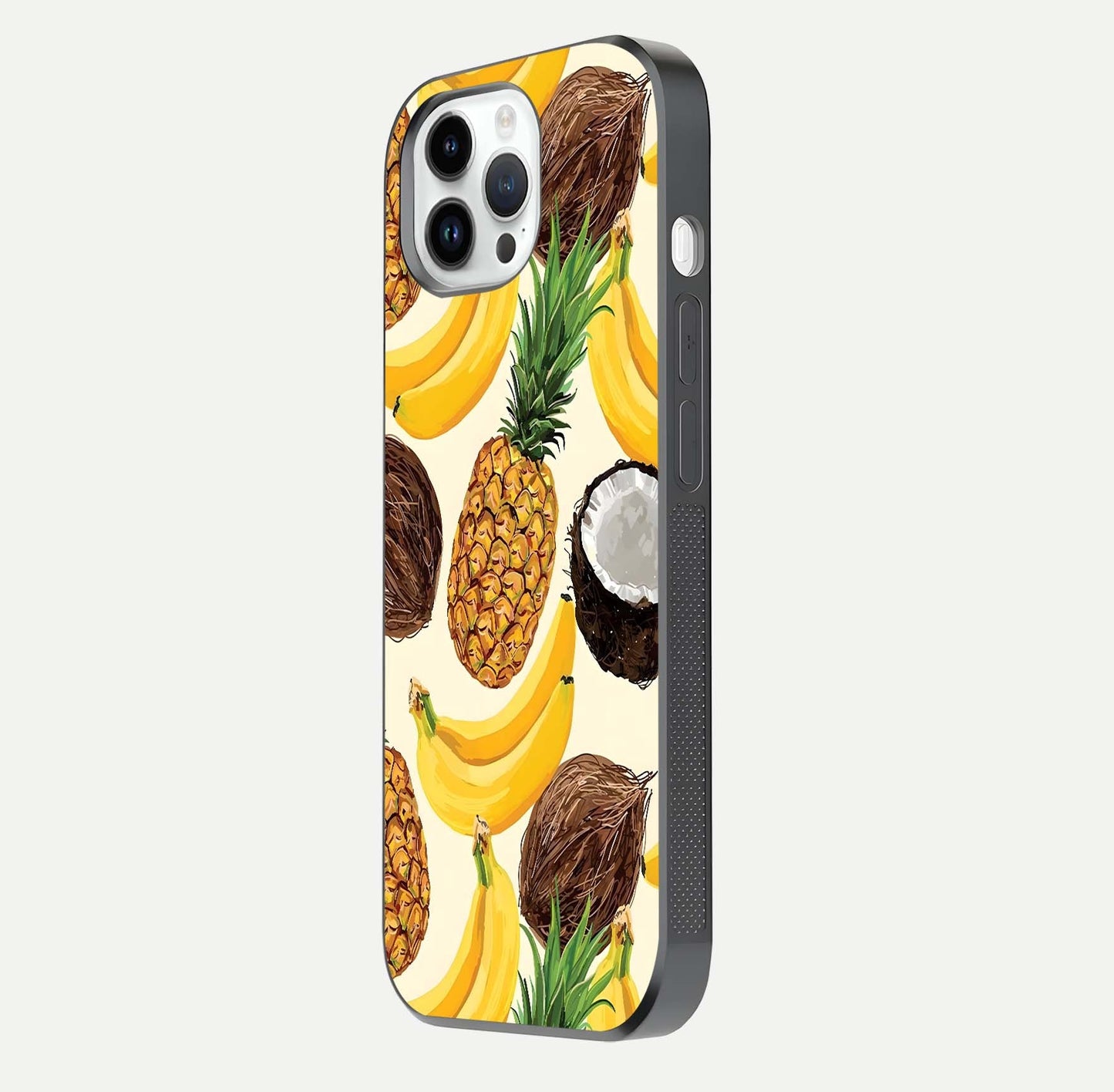 Tropical Fruit Mood Glass Case for iPhone 14 Pro side-angle image showing reflection, gloss, and fruit details
