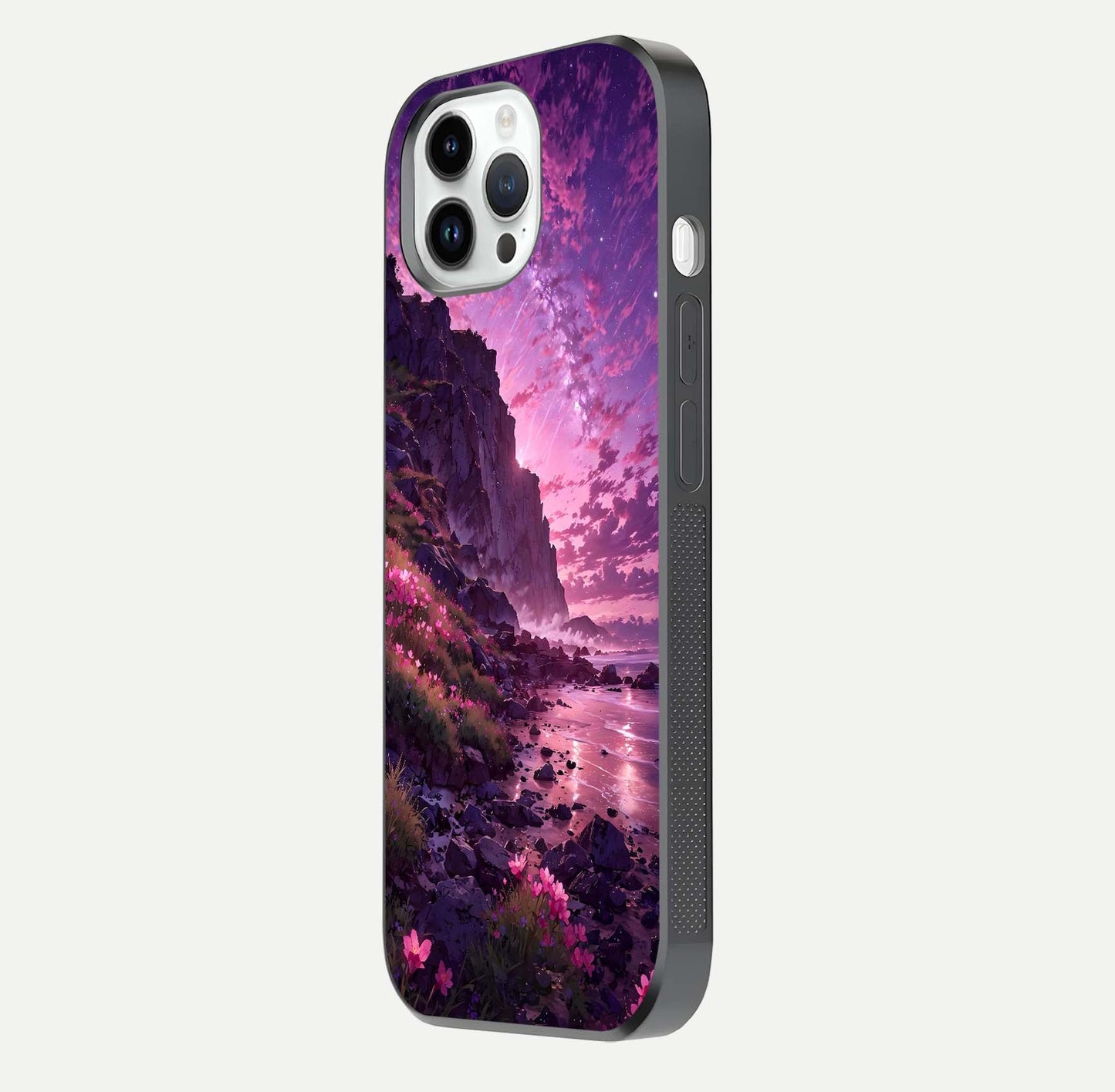 Twilight Blossom Coast Glass Case for iPhone 14 Pro side-angle image showing shine, reflection, and petal tone