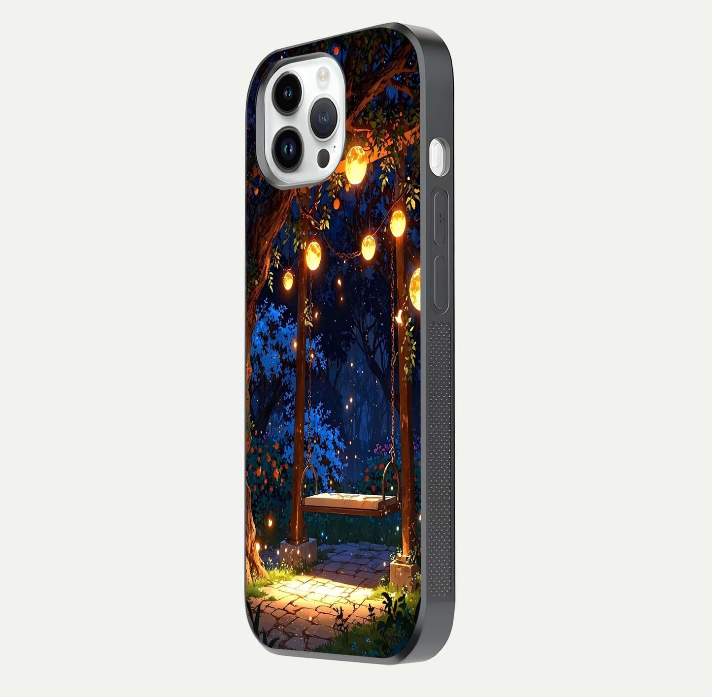Twilight Garden Swing Glass Case for iPhone 16 Pro side-angle image showing reflection, gloss, and scenic depth