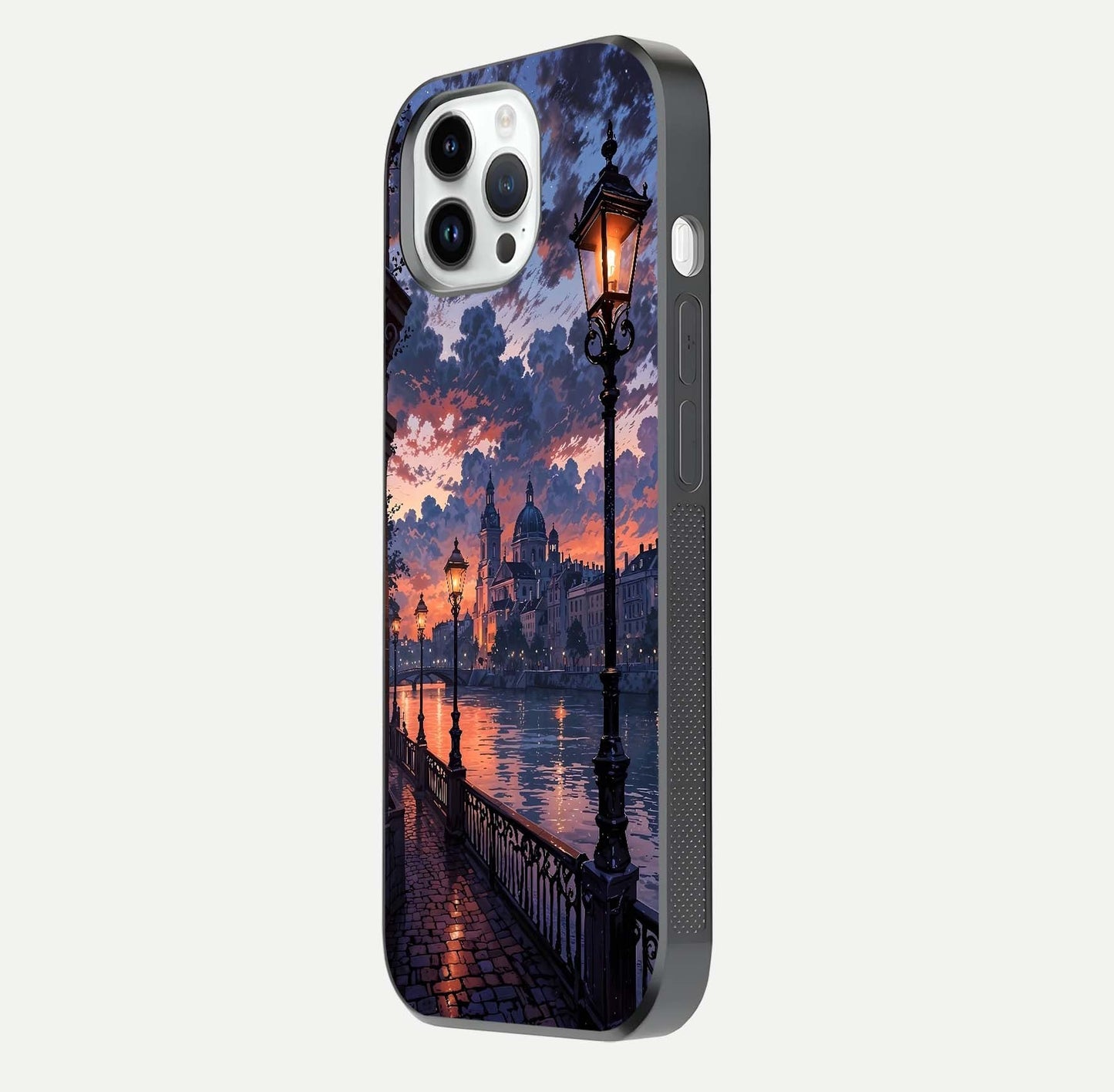 Twilight River Lights Glass Case for iPhone 14 Pro side-angle image showing reflections, lighting, and gradient tones