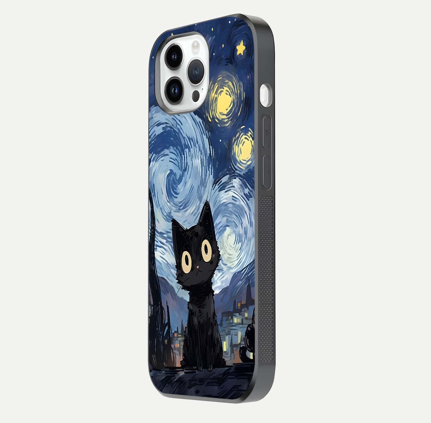 Van Gogh Cat Glass Case for iPhone 14 Pro side-angle image showing light reflection and vivid artwork