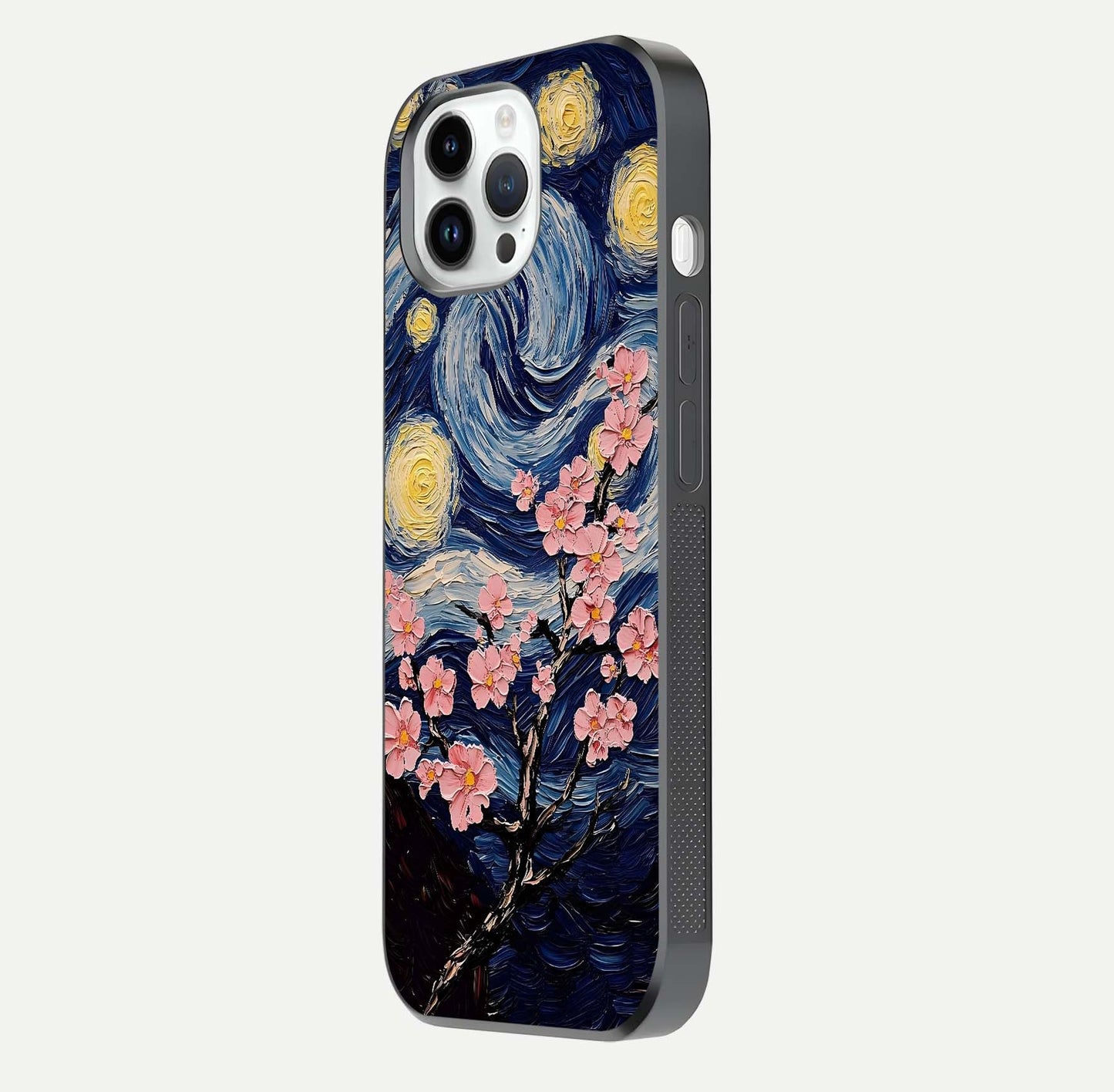 Van Gogh Scenery Glass Case for iPhone 14 Pro side-angle image showing shine, gloss, and scenic color palette