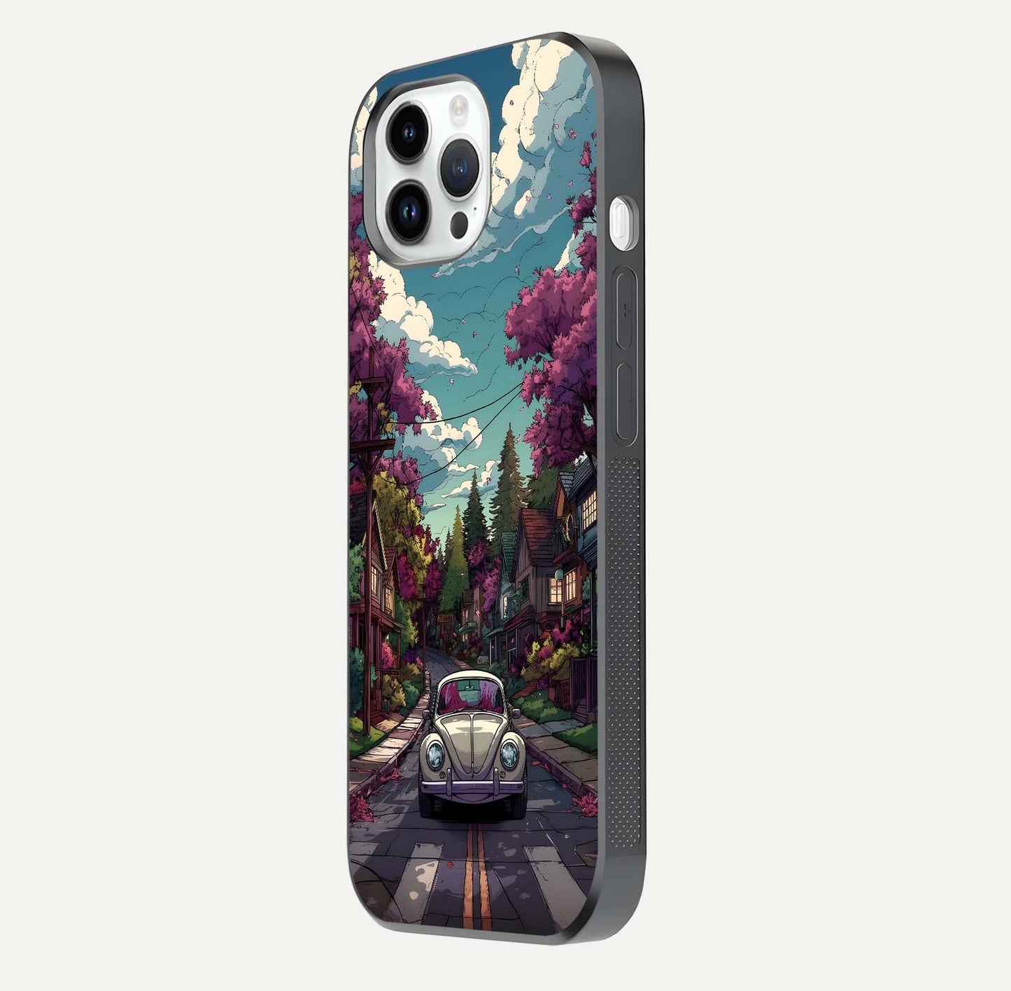 Vintage Street Drive Glass Case for iPhone 16 Pro side-angle image showing gloss reflection and design detail