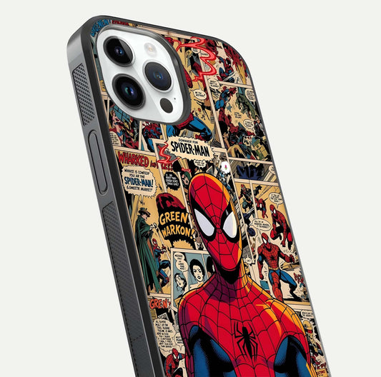 Aesthetic Spider Man Glass Case for iPhone 14 Pro close-up angled shot showing detailed Spider-Man artwork and gloss reflection