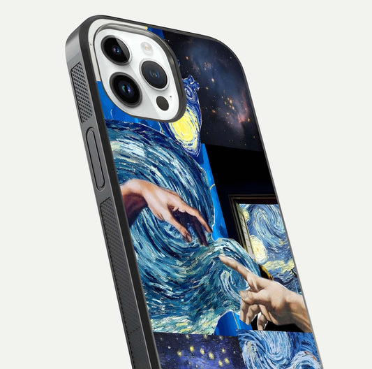 Aesthetic Vando Hands Glass Case for iPhone 14 Pro close-up angle showing fine detailing of hand artwork and glass reflection