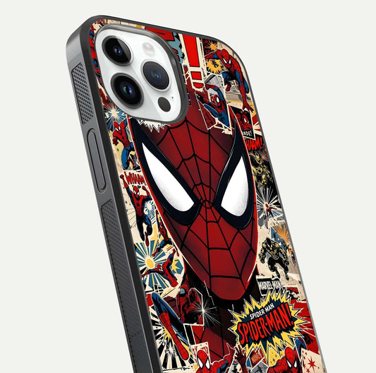 Aesthetic Wonder Spider Glass Case for iPhone 14 Pro angled close-up highlighting spider web detail and vibrant color gloss