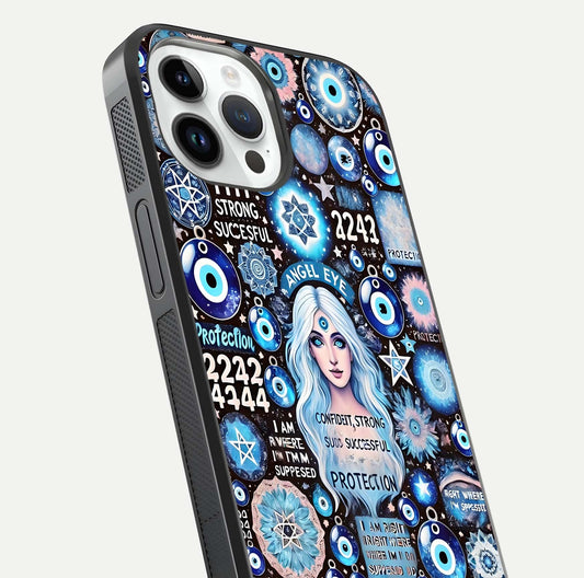 Angel Aura Shield Glass Case for iPhone 14 Pro close-up view capturing aura glow, metallic tones, and shine texture