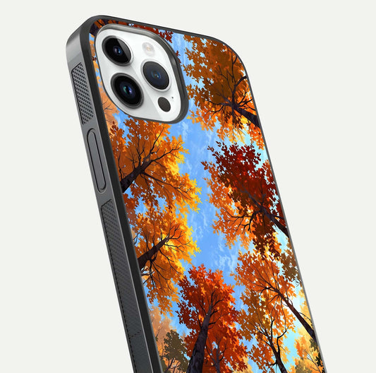 Autumn Sky Rise Glass Case for iPhone 14 Pro close-up shot of autumn tone details and HD shine reflection