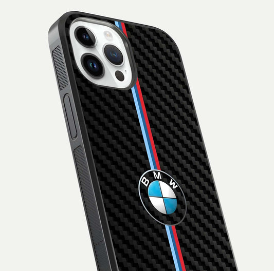 BMW Pattern Glass Case for iPhone 14 Pro close-up angle showing BMW logo detailing and high-reflect gloss texture