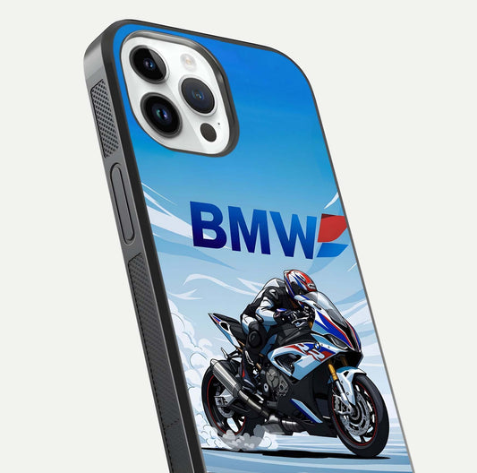BMW Power Drift Glass Case for iPhone 14 Pro close-up view highlighting motion streaks and gloss shine