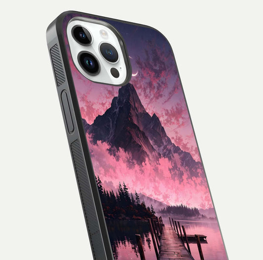 Beautyful Mountain View Glass Case for iPhone 14 Pro close-up angle highlighting landscape details and shine