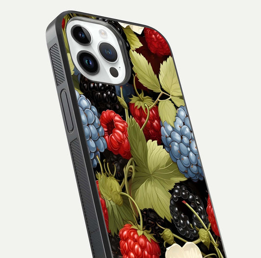 Berry Bloom Charm Glass Case for iPhone 14 Pro close-up view highlighting berry color tones and fine petal detailing