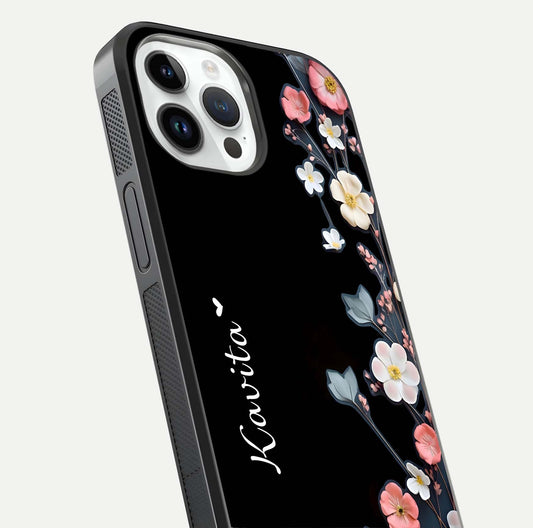Black Elegance Floral Custom Name Glass Case for iPhone 14 Pro close-up shot showing rose detailing and elegant reflection